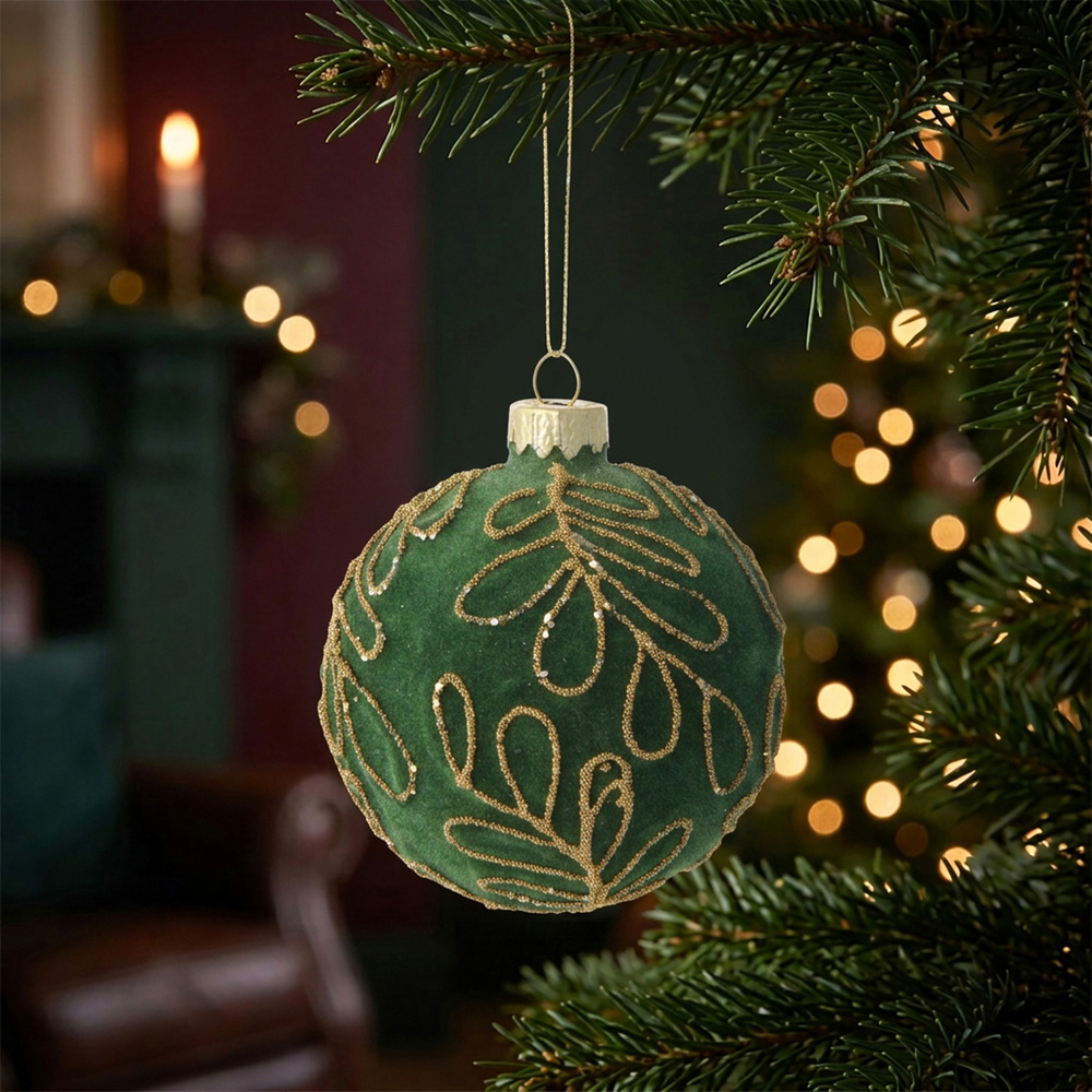 Flocked Beaded Leaf Bauble Green Image 2