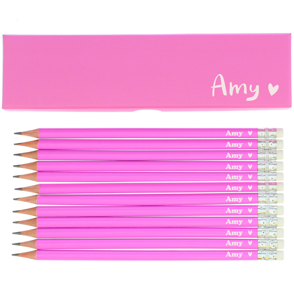 Personalised Memento Heart Box and 12 Pink HB Pencils Image 1