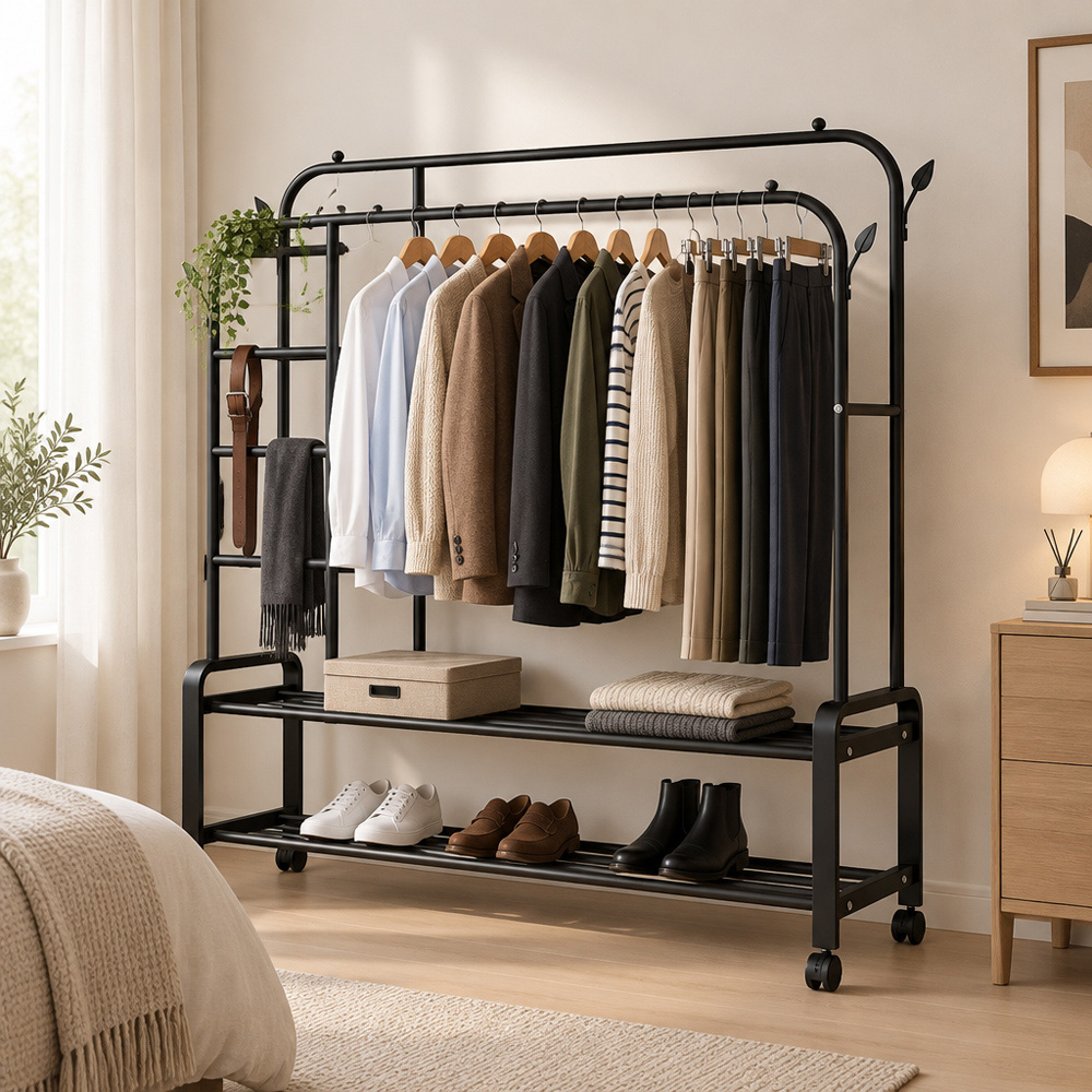 Modcraft 6 Shelf Black Heavy Duty Double Clothes Rail with Wheels Image 5
