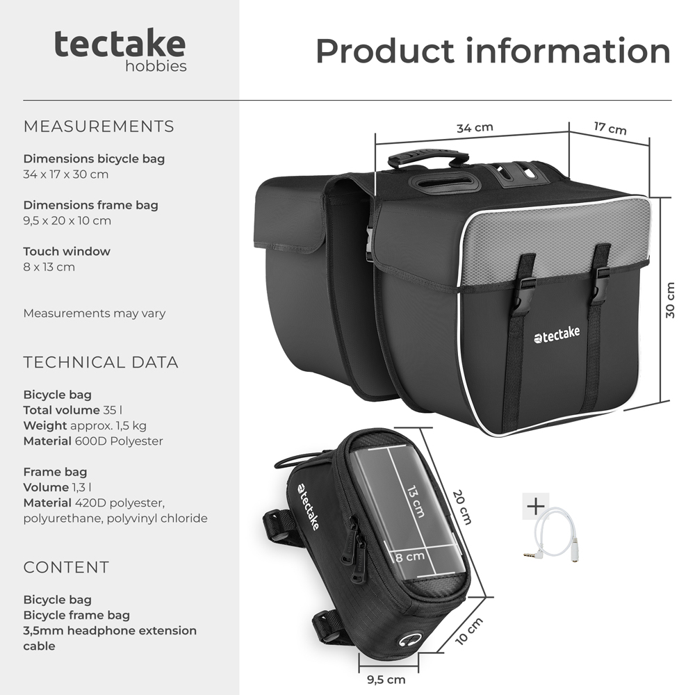tectake Black Water-Repellent Georg Frame Bicycle Bag Set 10 x 20 x 9.5cm Image 8
