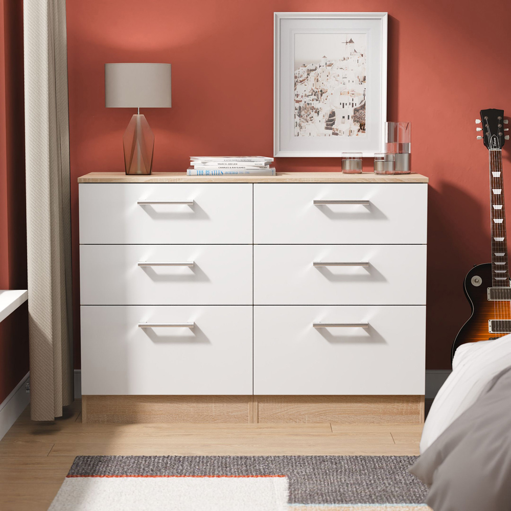 Crowndale Devon 6 Drawer Matt White and Bardolino Oak Wide Chest of Drawers Ready Assembled Image 7