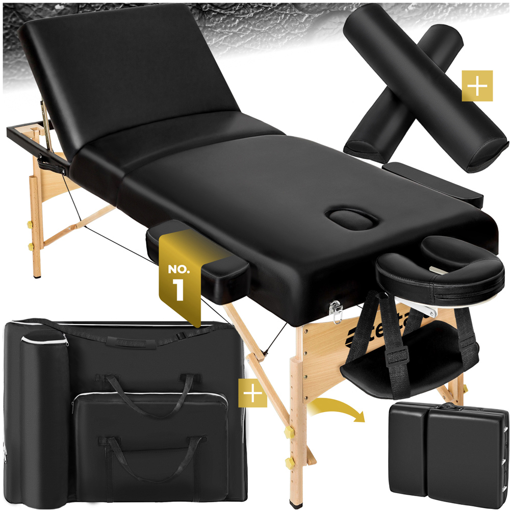 tectake Black 3 Zone Somwang Massage Table with Headrest Armrests Footrest and Bolster Set Image 3
