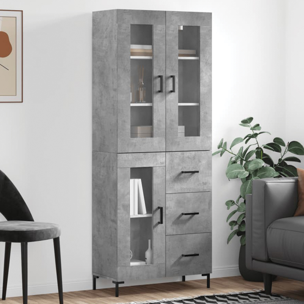 vidaXL 3 Glass Door 3 Drawer Concrete Grey Highboard Image 1