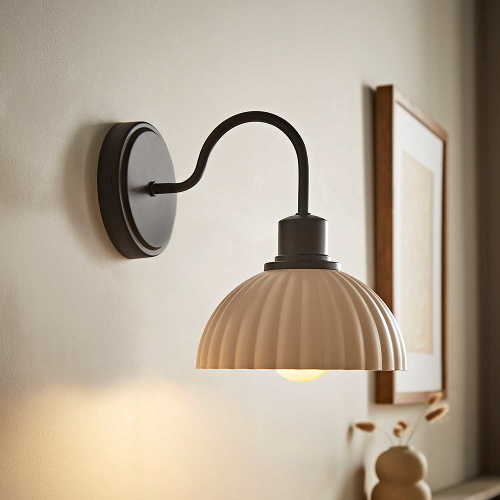 ValueLights Bourton Cream Ribbed Dome Shade Matte Black Wall Light with Bulb 2 Pack Image 2