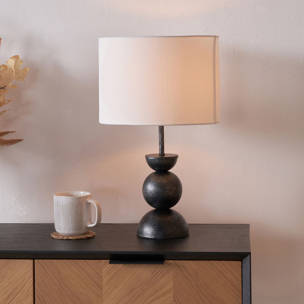 Pacific Lifestyle Vala White Textured Fabric Shade Graphite Metal Ball Table Lamp Image 2