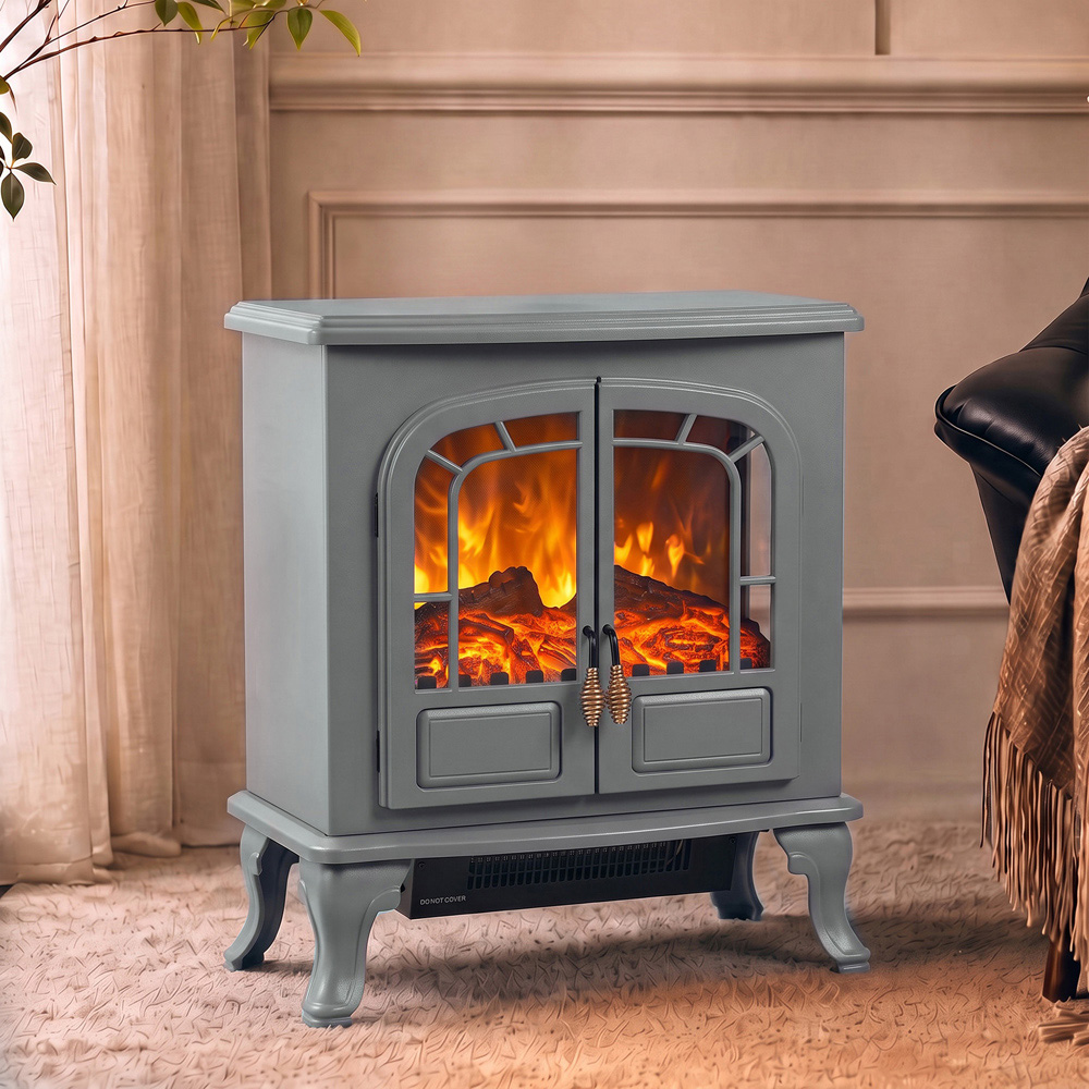 HOMCOM Grey Freestanding Electric Fireplace Stove with LED Fire Flame Effect Image 2