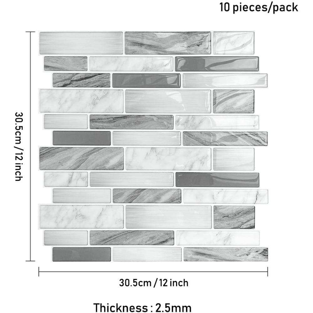 Living and Home 2.5mm White and Grey Peel and Stick Backsplash Tile 10 Pack Image 6