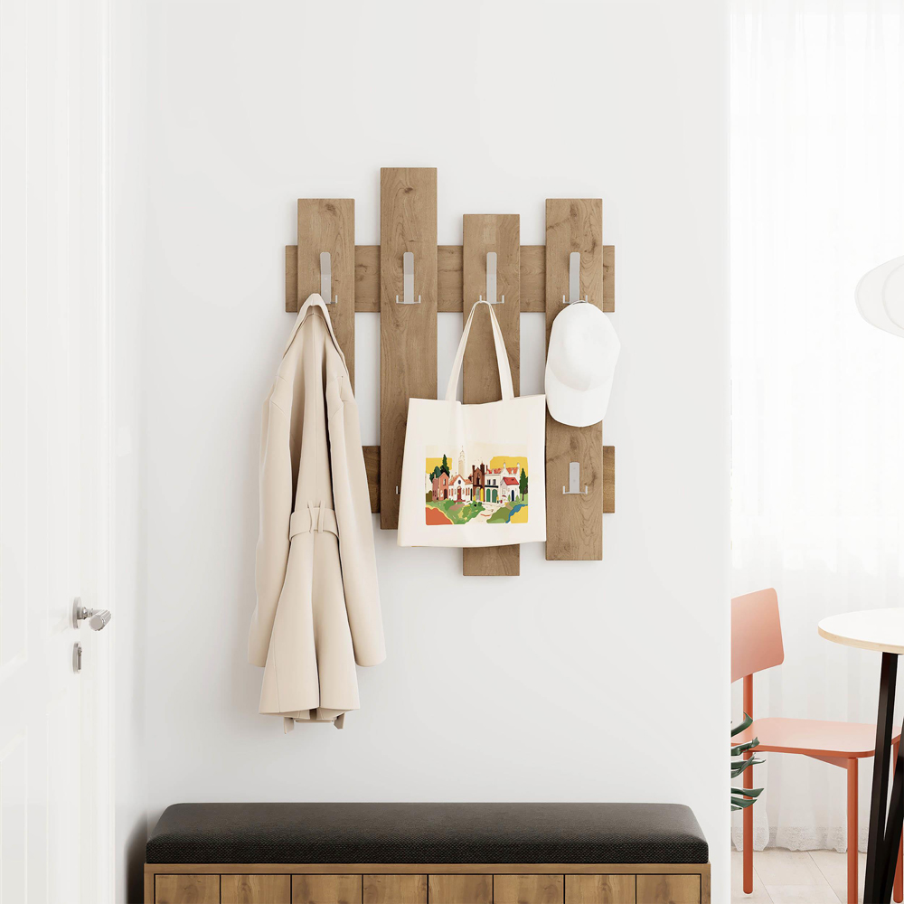 Decortie Wave Oak Effect Wall Mounted Hanger with 8 Hook Image 4