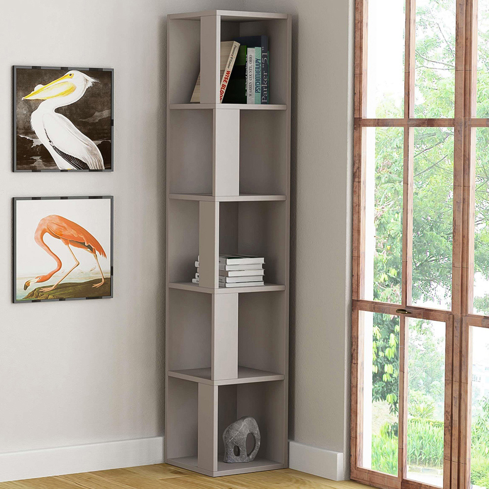 Decortie Piano 5 Shelf Mocha Grey Corner Bookcase Image 1