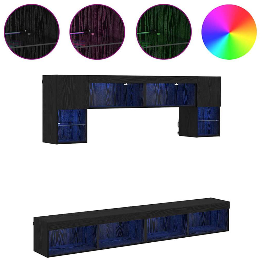 vidaXL 2 Door 10 Shelf Black Oak TV Wall Unit with LED Lights Set of 6 Image 4