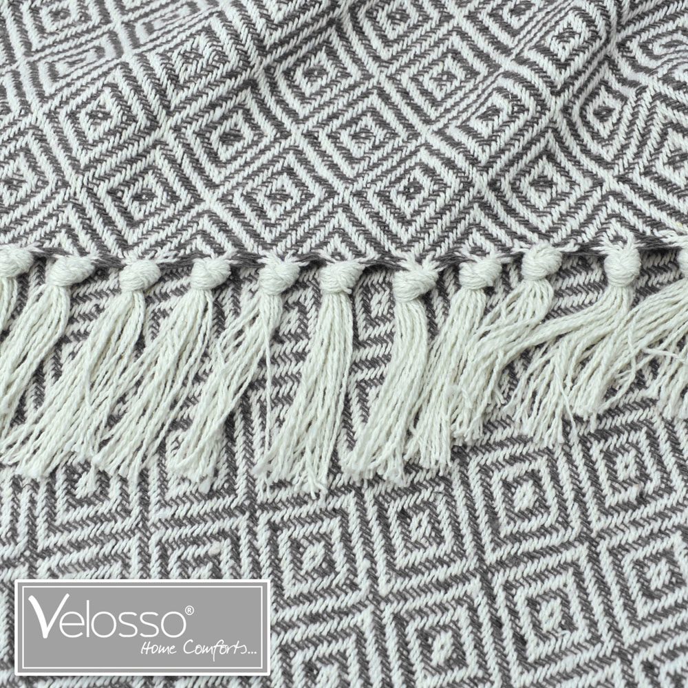 Velosso Charcoal Grey Diamond Pattern Cotton Woven Tasselled Throw 228 x 254cm Image 3