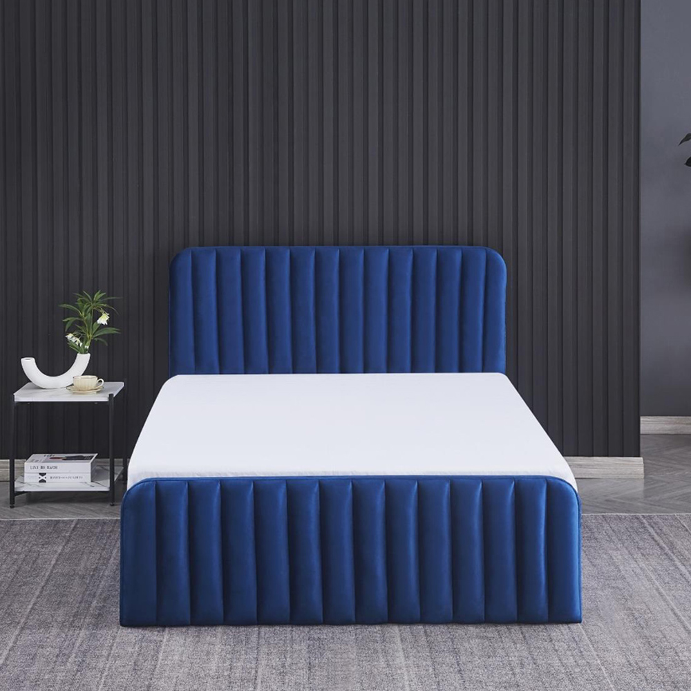 Portland Wave Double Blue Velvet Ottoman Bed with Mattress Image 4