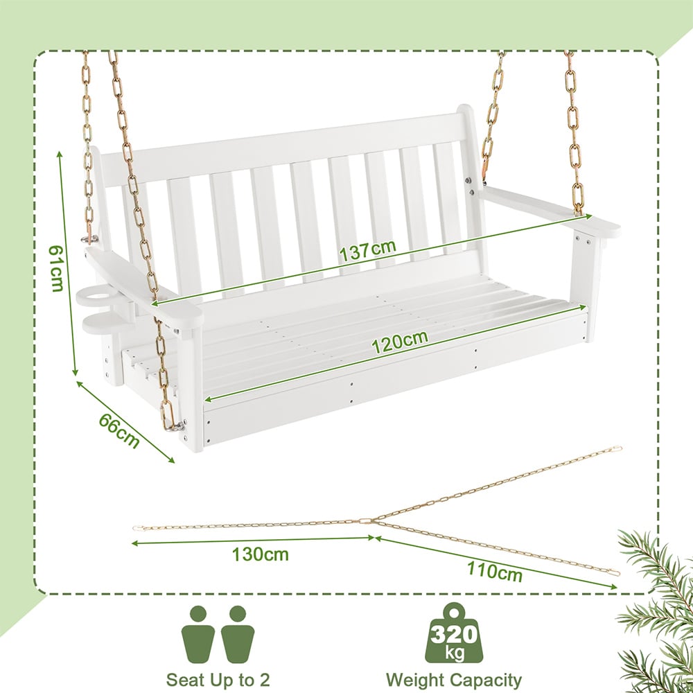 Costway White Porch Swing with Hidden Cup Holder and Adjustable Chain Image 8