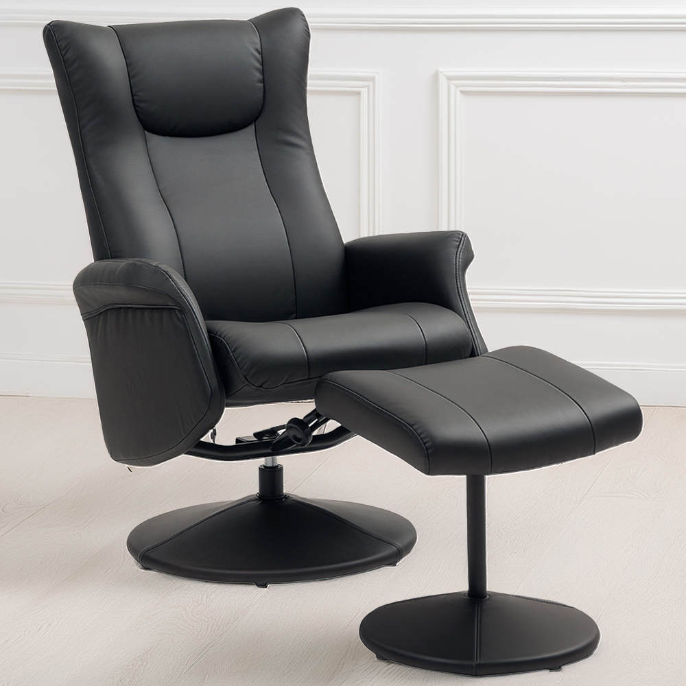 Portland Black Swivel Recliner Chair with Footstool Image 1