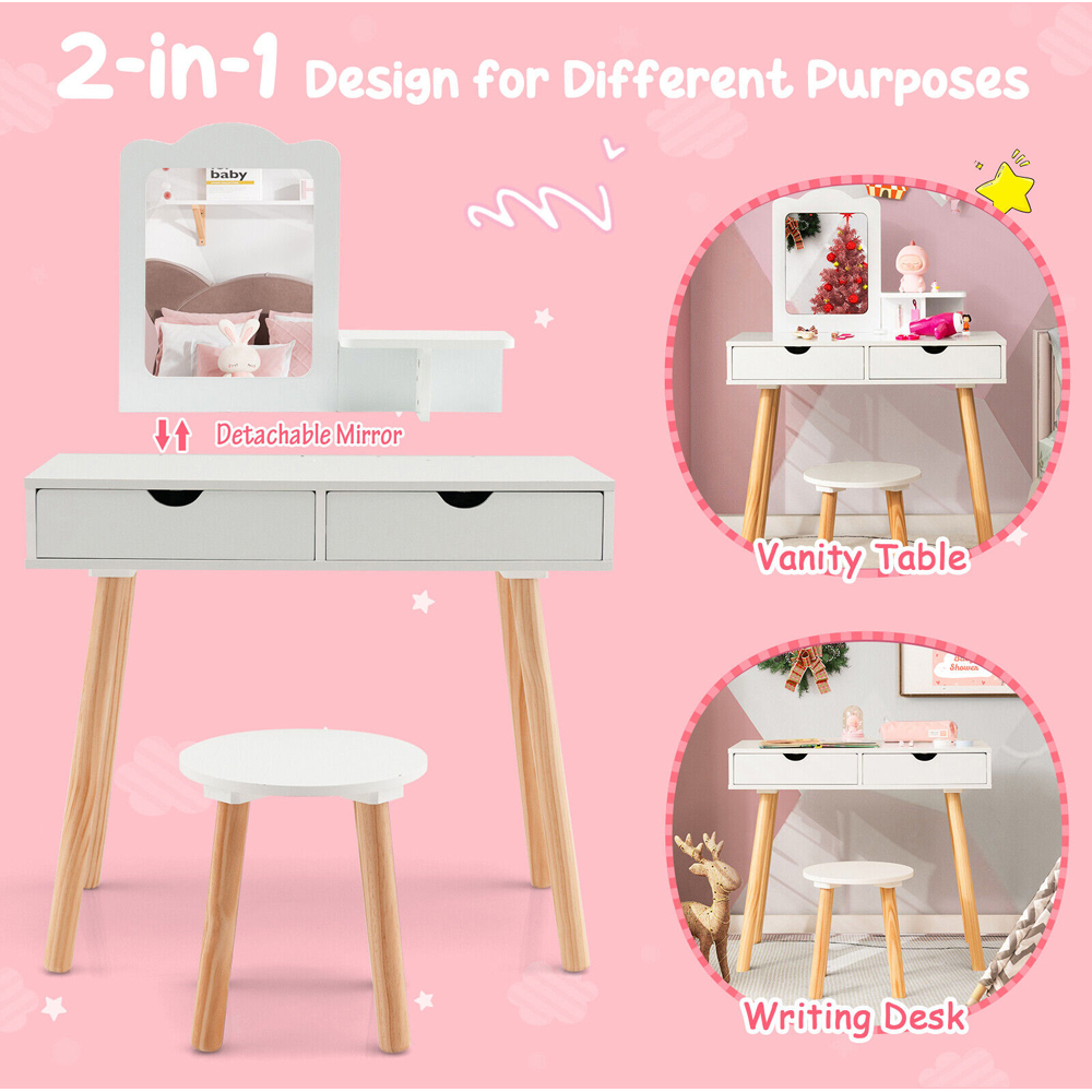 Costway White Kids Vanity Table and Stool Set with Mirror Image 4