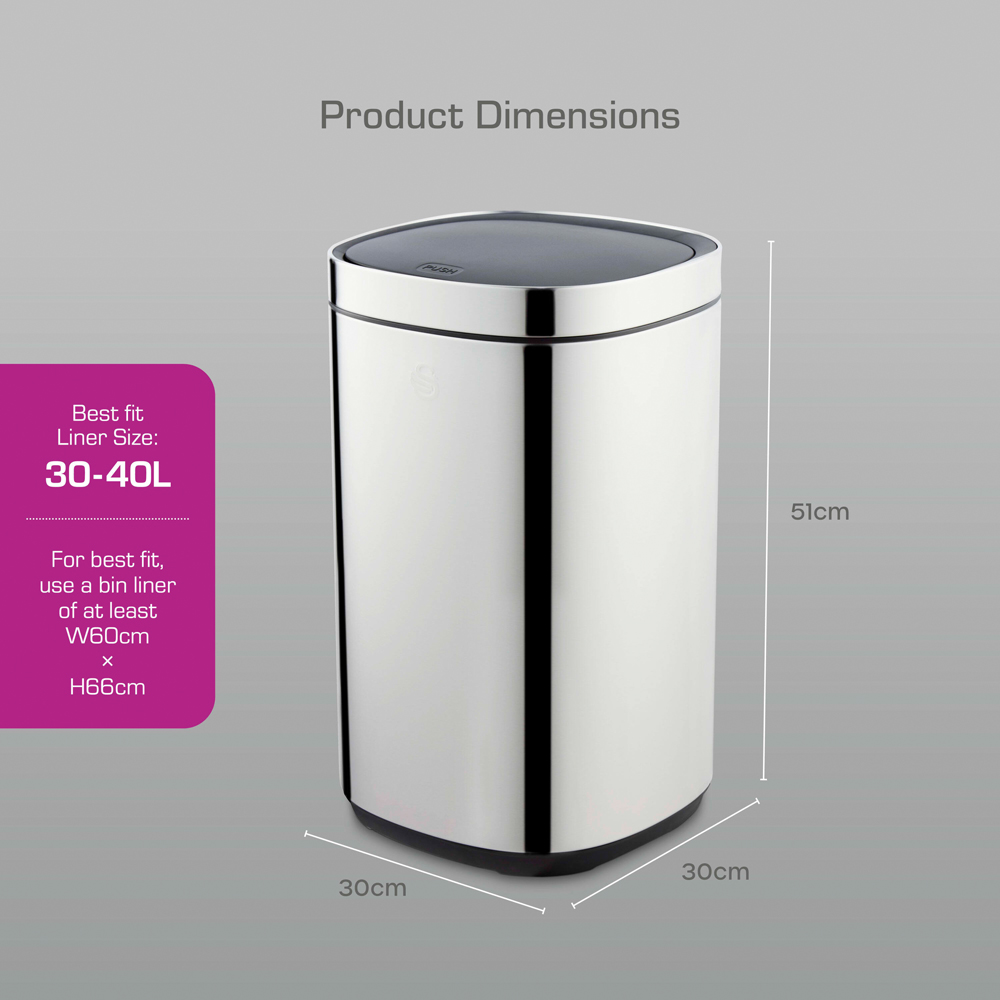 Swan Silver Stainless Steel Square Touch Bin 30L Image 9