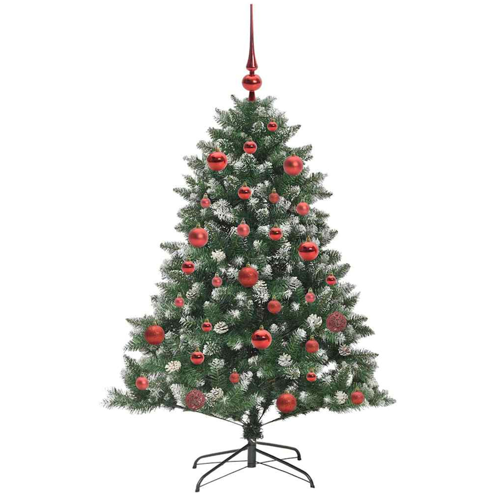vidaXL Pre-Lit Red Baubles Green Artificial Snow Tipped Christmas Tree 5ft Image 4