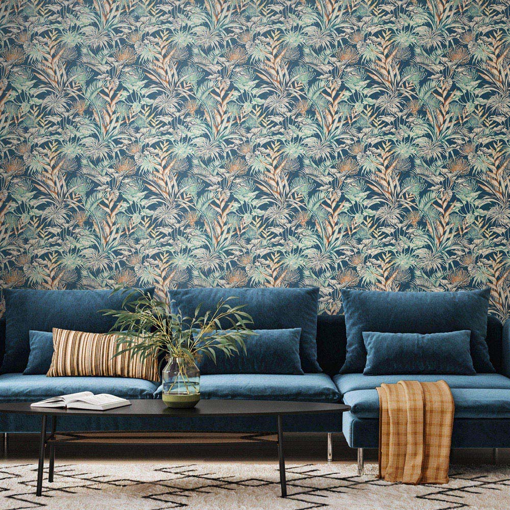 Hoopla Walls Oasis Tropical Canopy Teal and Navy Wallpaper Image 2