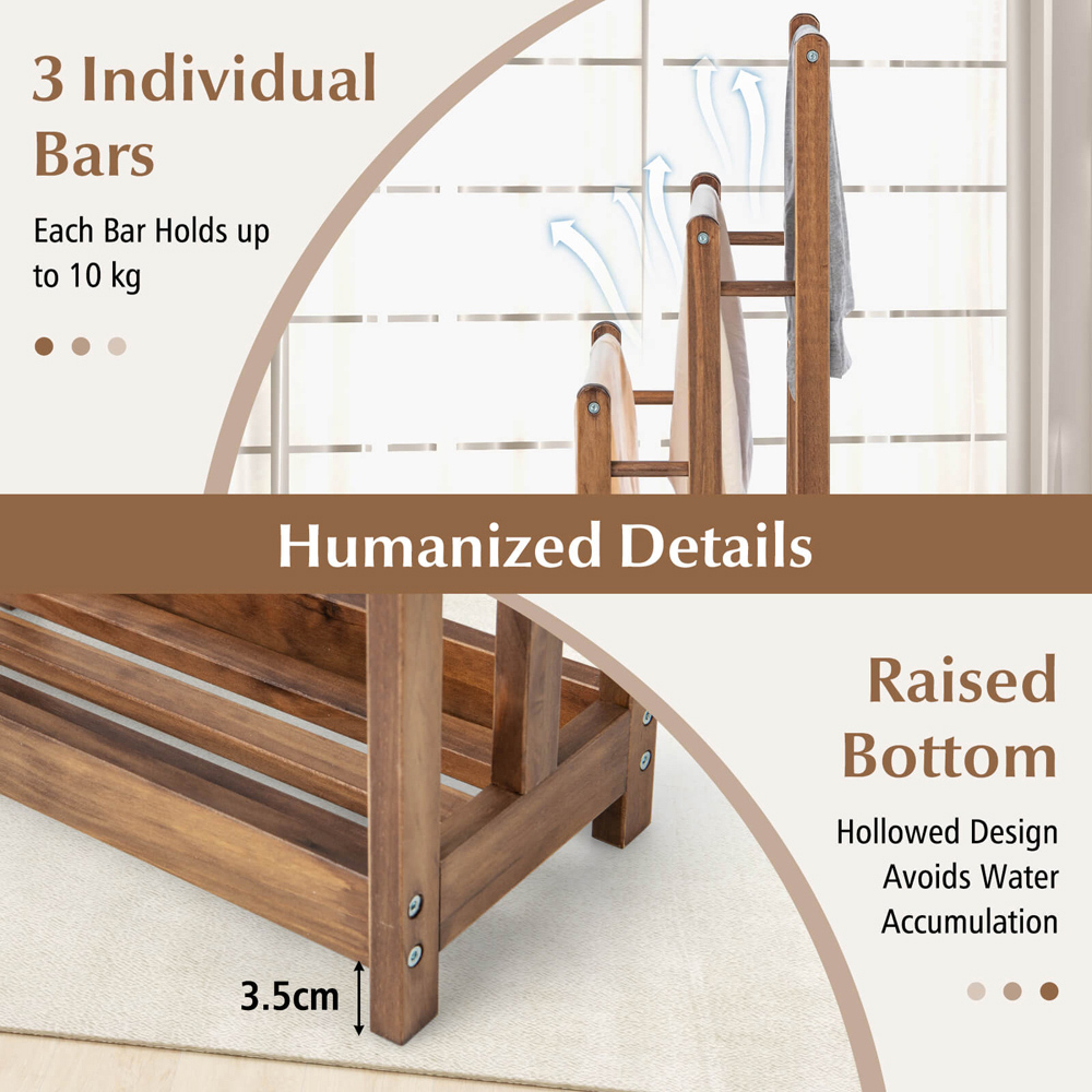 Costway 3 Tier Rustic Brown Wood Freestanding Towel Rack with Shelf Image 7