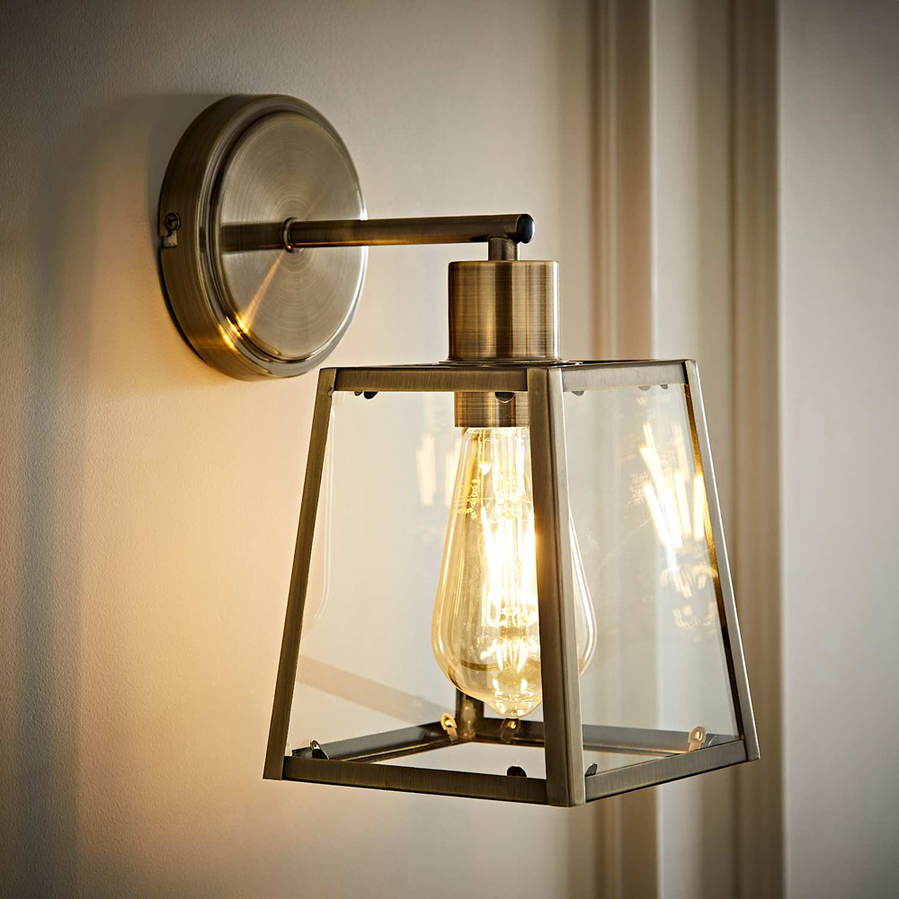 ValueLights Susie Lantern Shade Antique Brass Glass Wall Light with Bulb Image 6