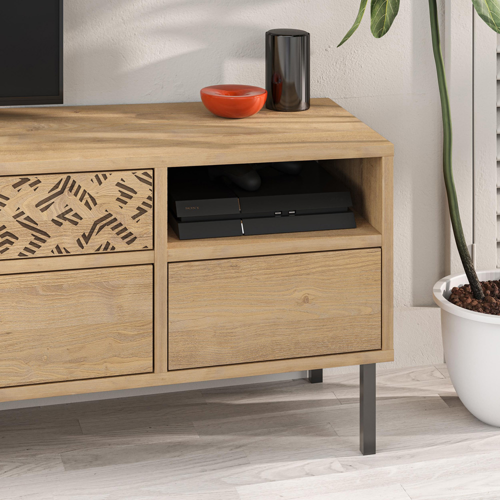 Decortie Heaton 3 Drawer Single Shelf Sapphire Oak TV Stand Image 5