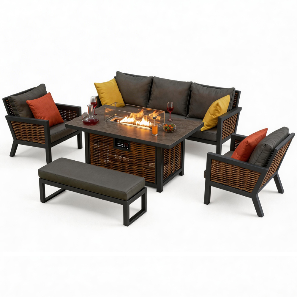 Furniture One 7 Seater Grey Aluminium Outdoor Lounge Set with Fire Pit Table Image 2