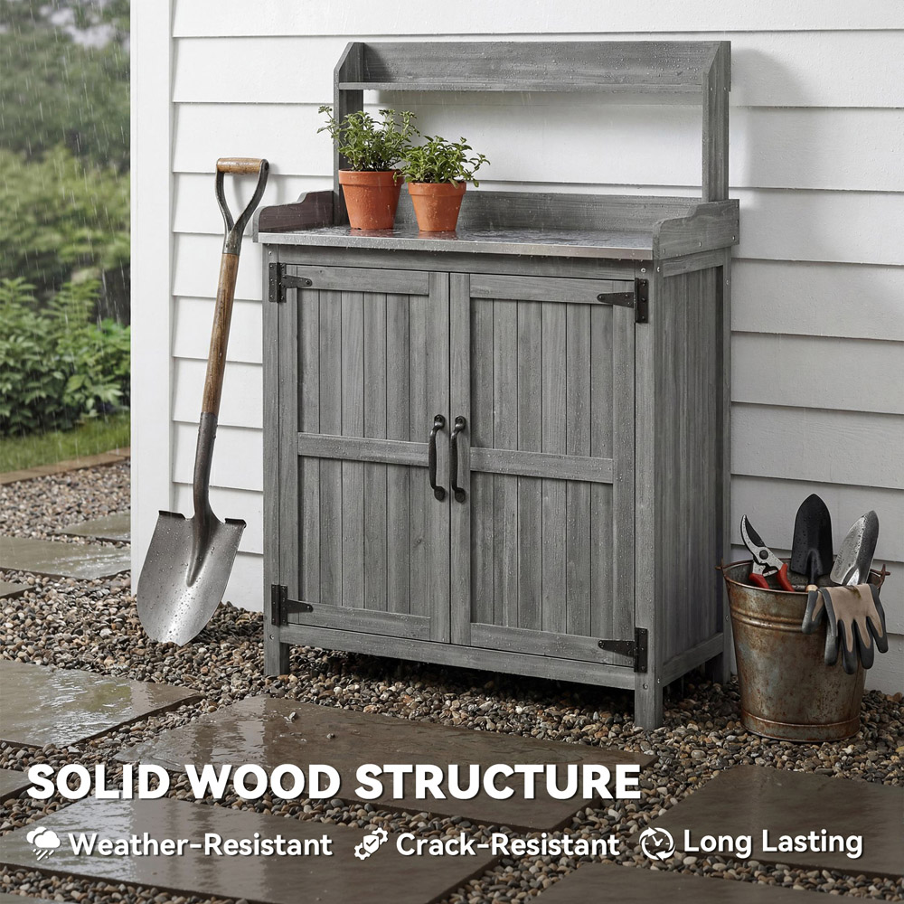 Outsunny Wooden Potting Bench Table with Aluminium Worktop and Top Shelf Image 7