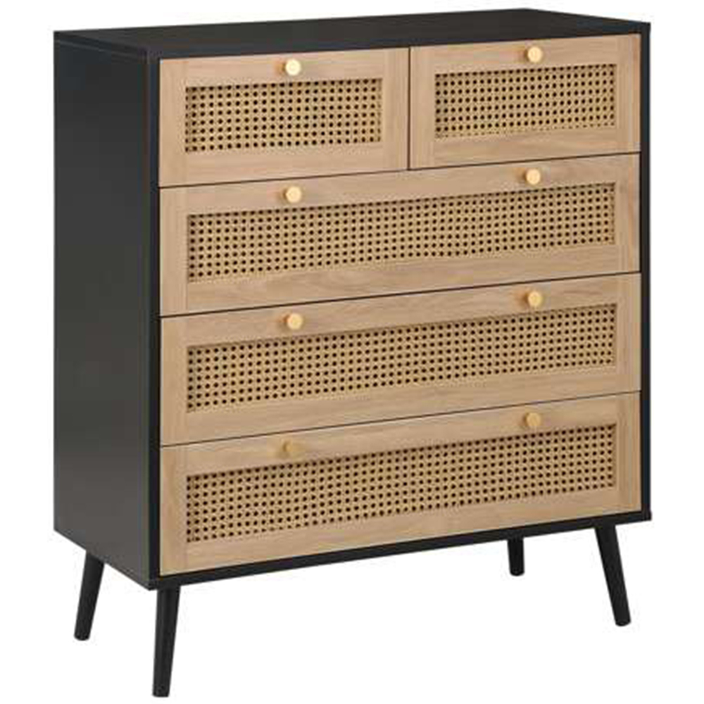 Croxley 5 Drawer Black and Oak Rattan Chest of Drawers Image 2