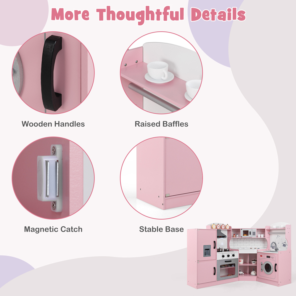 Costway Pink Wooden Corner Play Kitchen with Sounds and Lights Image 5