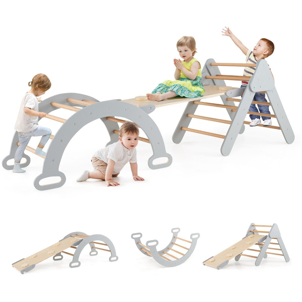 Costway 5-in-1 Kids Grey Triangle Climbing Toy with Arch Ramp Image 3