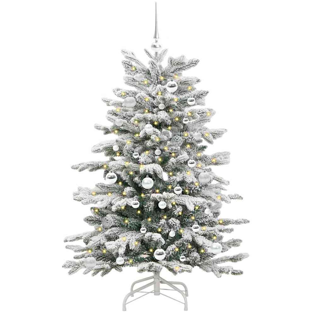 vidaXL Pre-Lit Silver Baubles White Artificial Snow Flocked Christmas Tree 5ft Image 1