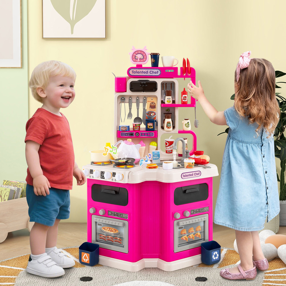 Costway Kids Pink Corner Kitchen Play Set with Realistic Sounds and Lights Image 2