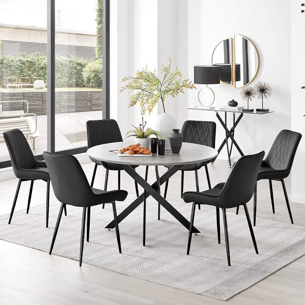 Furniturebox Arona Cesano Concrete Effect 6 Seater Round Dining Set Grey and Black Image 1