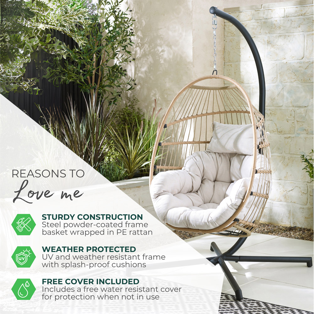 Furniturebox Veza Rattan Light Brown Hanging Egg Chair with Cream Cushion Image 8