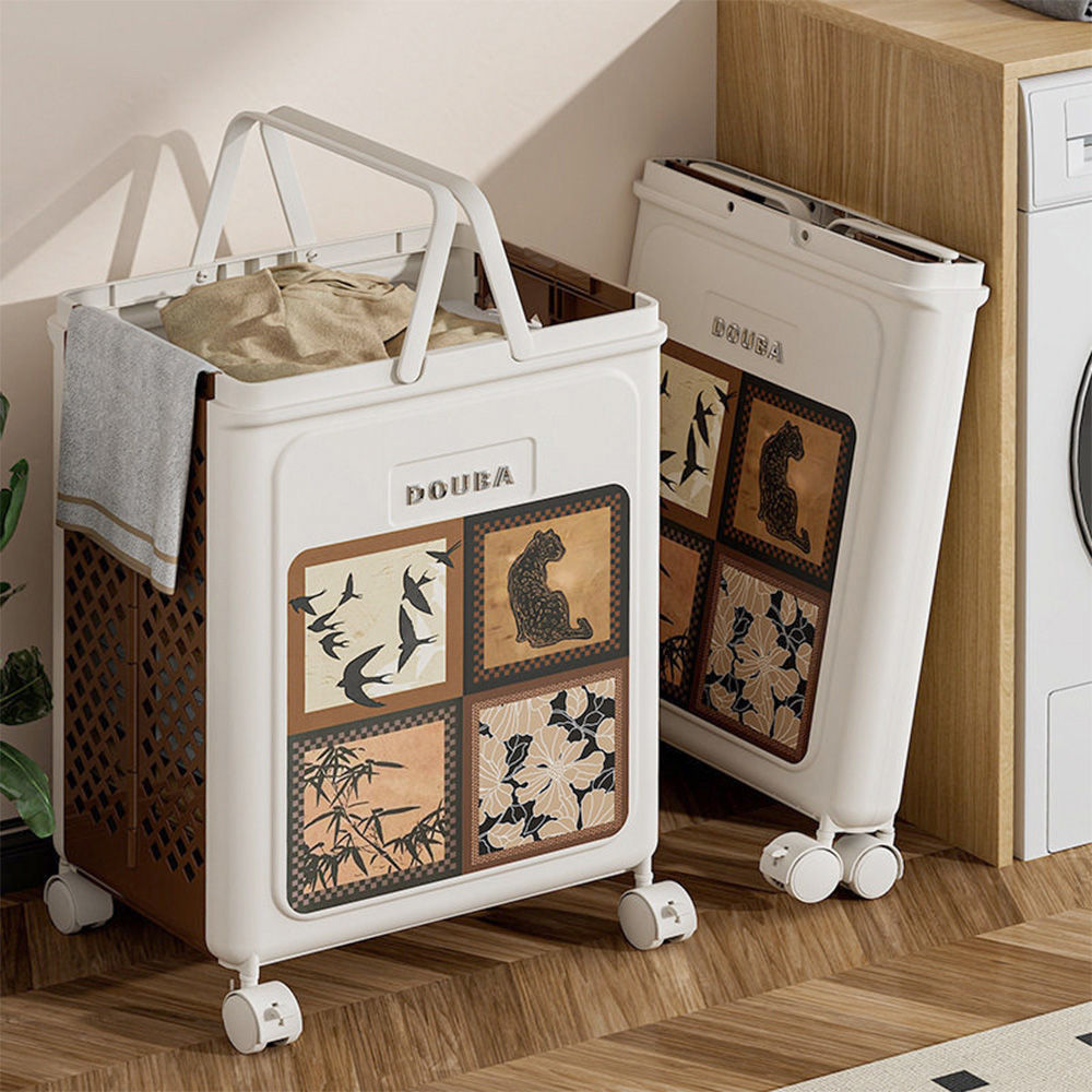 Living and Home Retro Foldable Laundry Basket with Castors Image 3