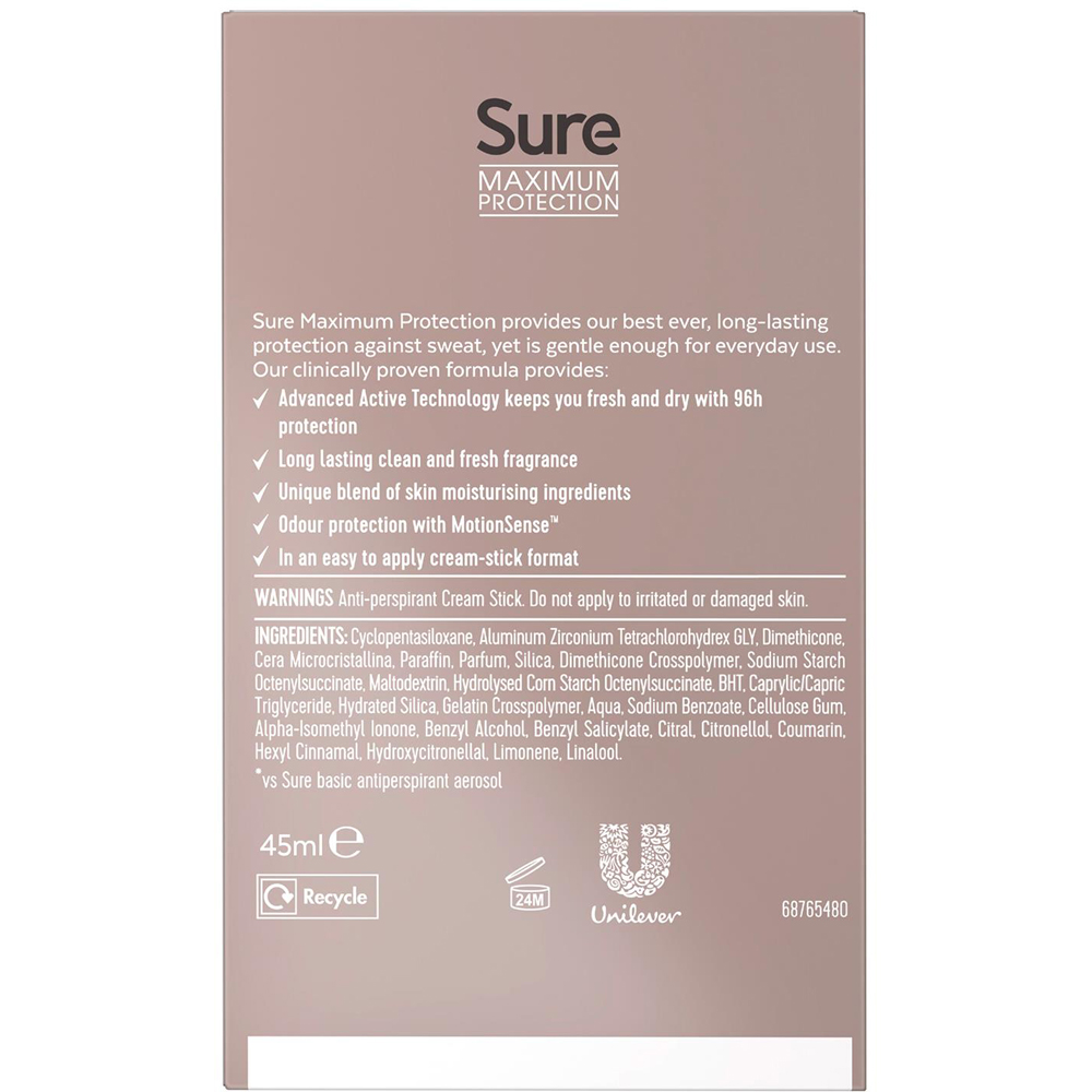 Sure Women Maximum Protection Sport Strength Anti-Perspirant Deodorant Cream Stick 45ml 24 Pack Image 4