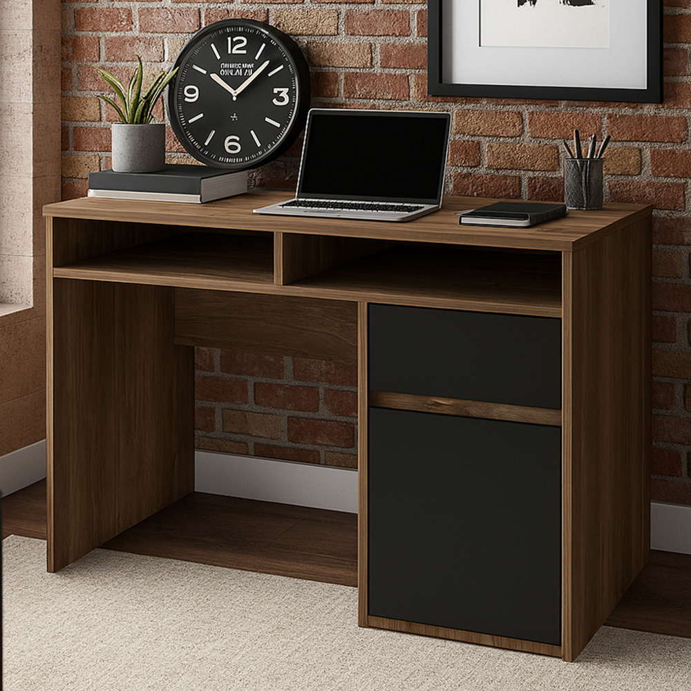 Decorotika Isla Single Door Single Drawer 2 Shelf Corner Computer Desk Walnut and Black Image 1