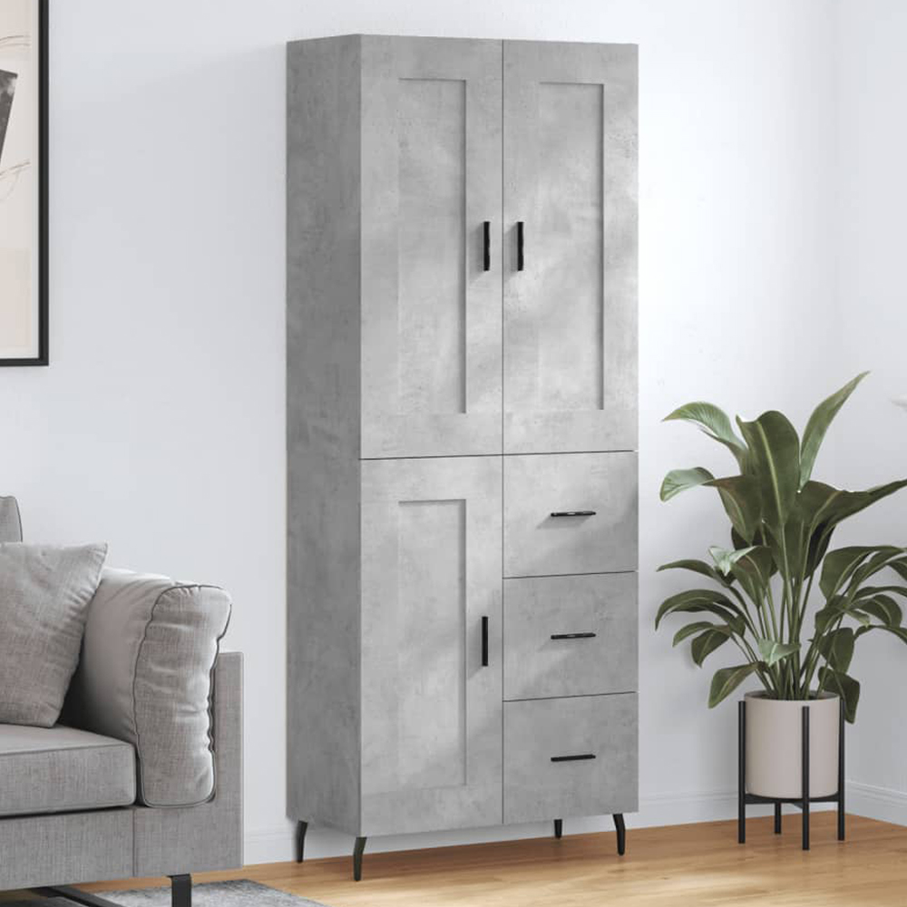 vidaXL 3 Door 3 Drawer Concrete Grey Tall Highboard with Black Legs and Handles Image 1