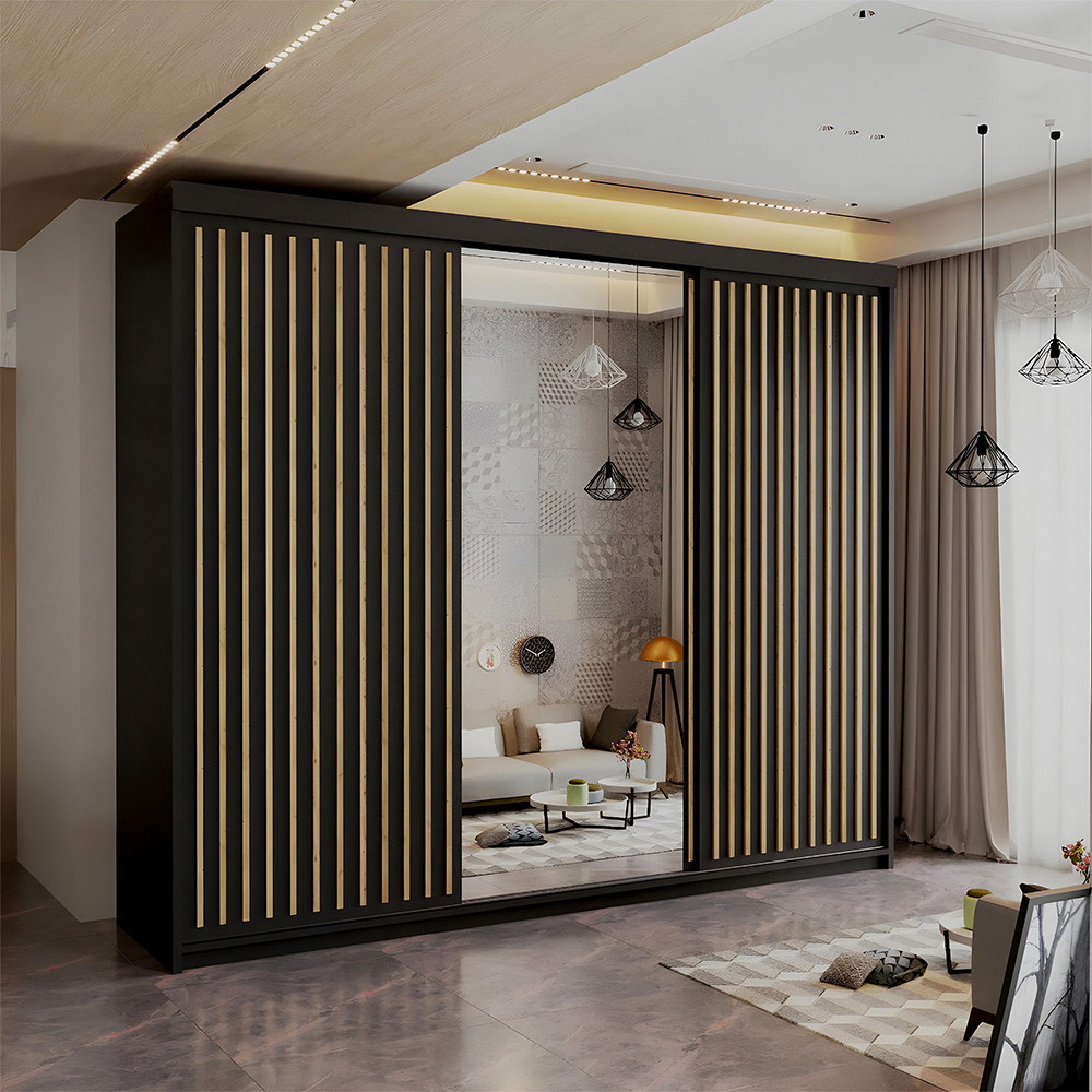 Minimalist Mirror Wardrobe with Shelves, Hanging Rails and Storage Drawers - Black 203cm Image 4