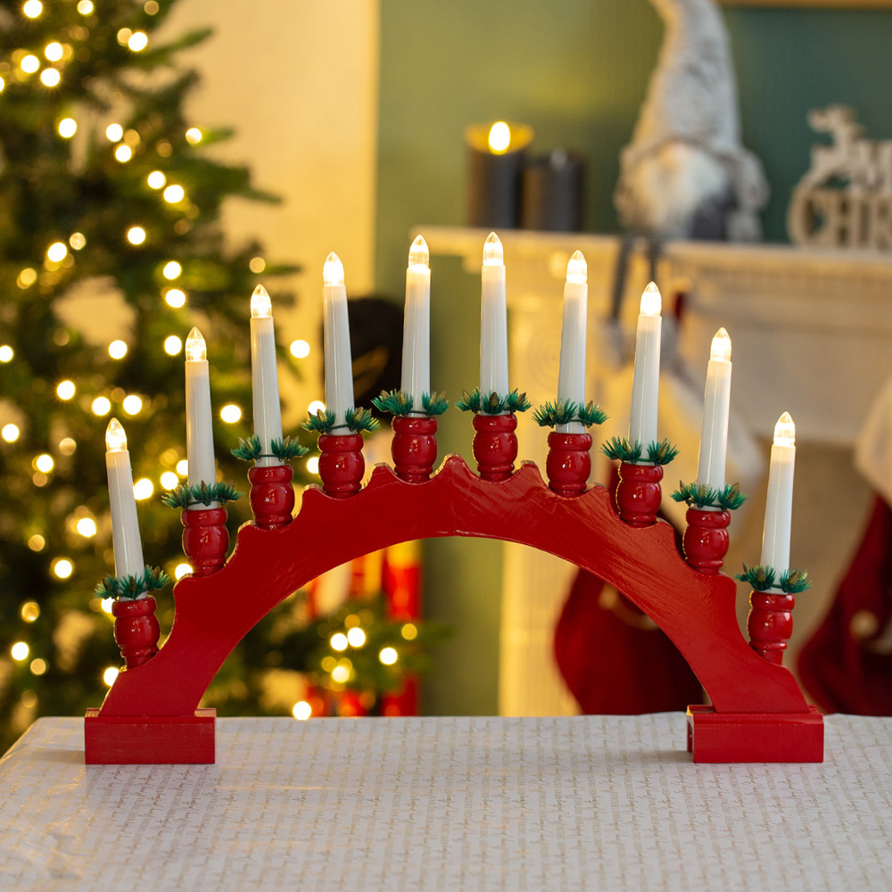 The Christmas Workshop 10 LED Red Arched Wooden Candle Bridge Light Image 3