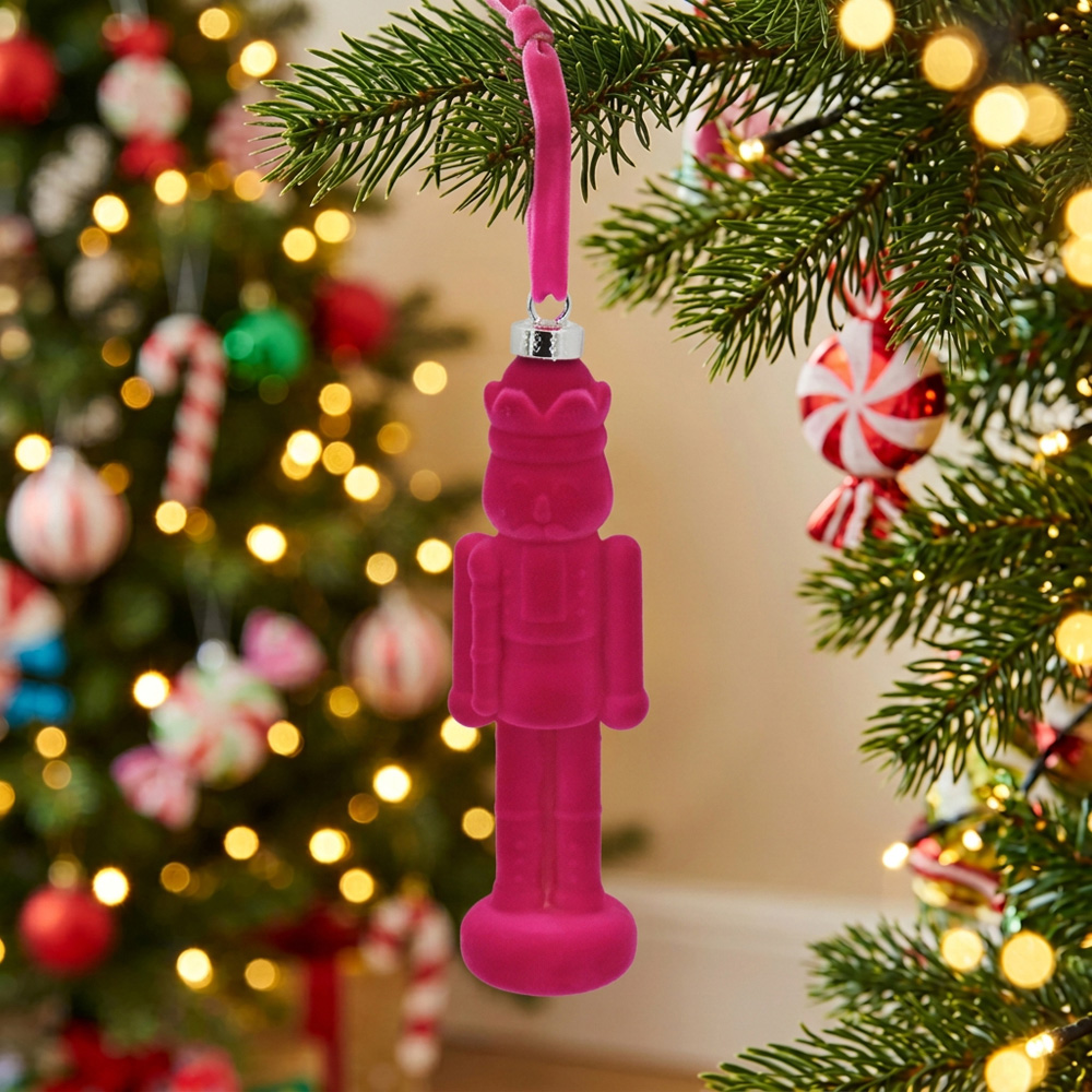 Pack of 4 Flocked Nutcracker Baubles Pink Image 2