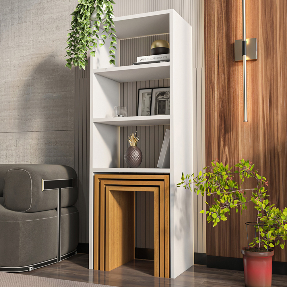 Decorotika Modern Melo 3 Shelf White Teak Bookcase with Nest of Tables Set of 3 Image 1