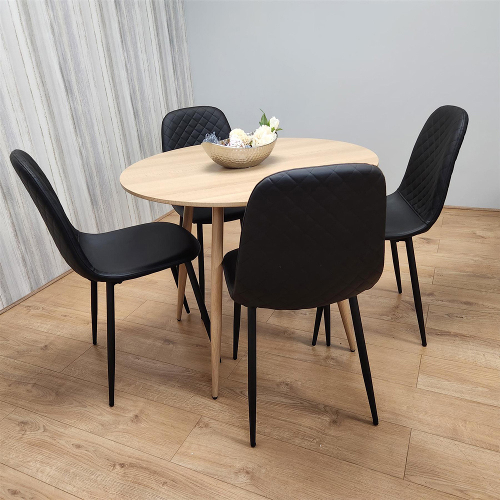 Kosy Koala 4 Seater Faux Leather Round Dining Set Wood Effect and Black Image 3