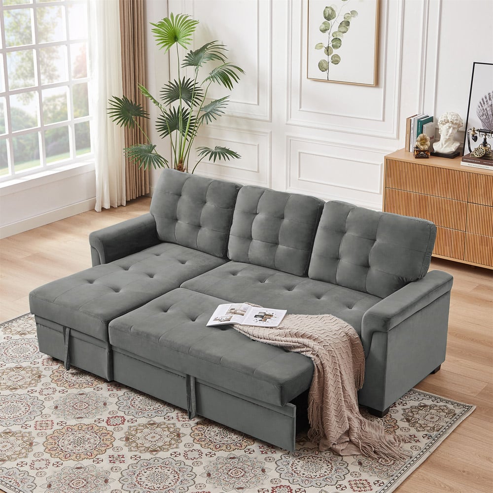 Furniture One 3 Seater Grey Velvet Corner Storage Sofa Bed Image 8