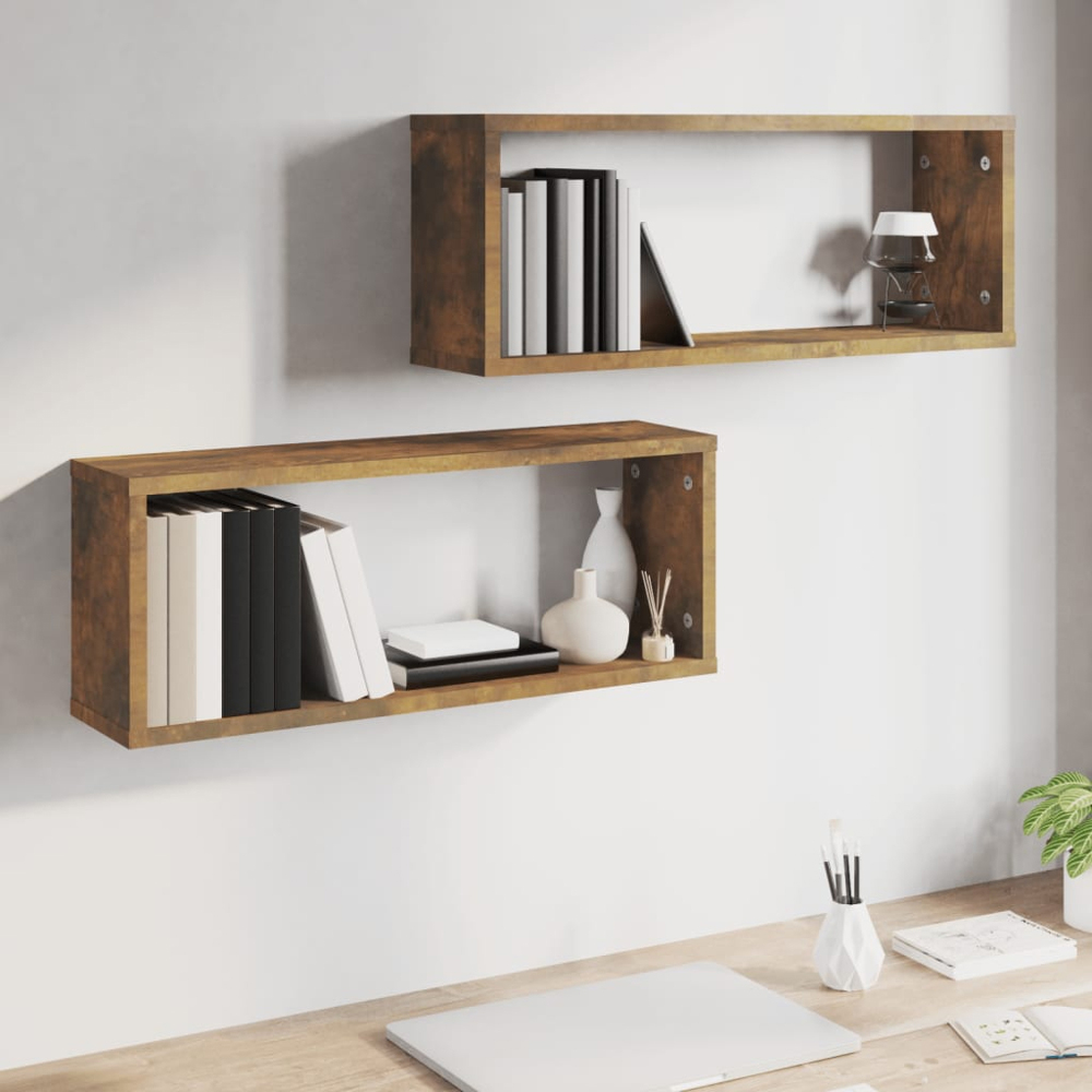 vidaXL 60 x 15 x 23cm Set of 2 Smoked Oak Cube Wall Shelf Image 2