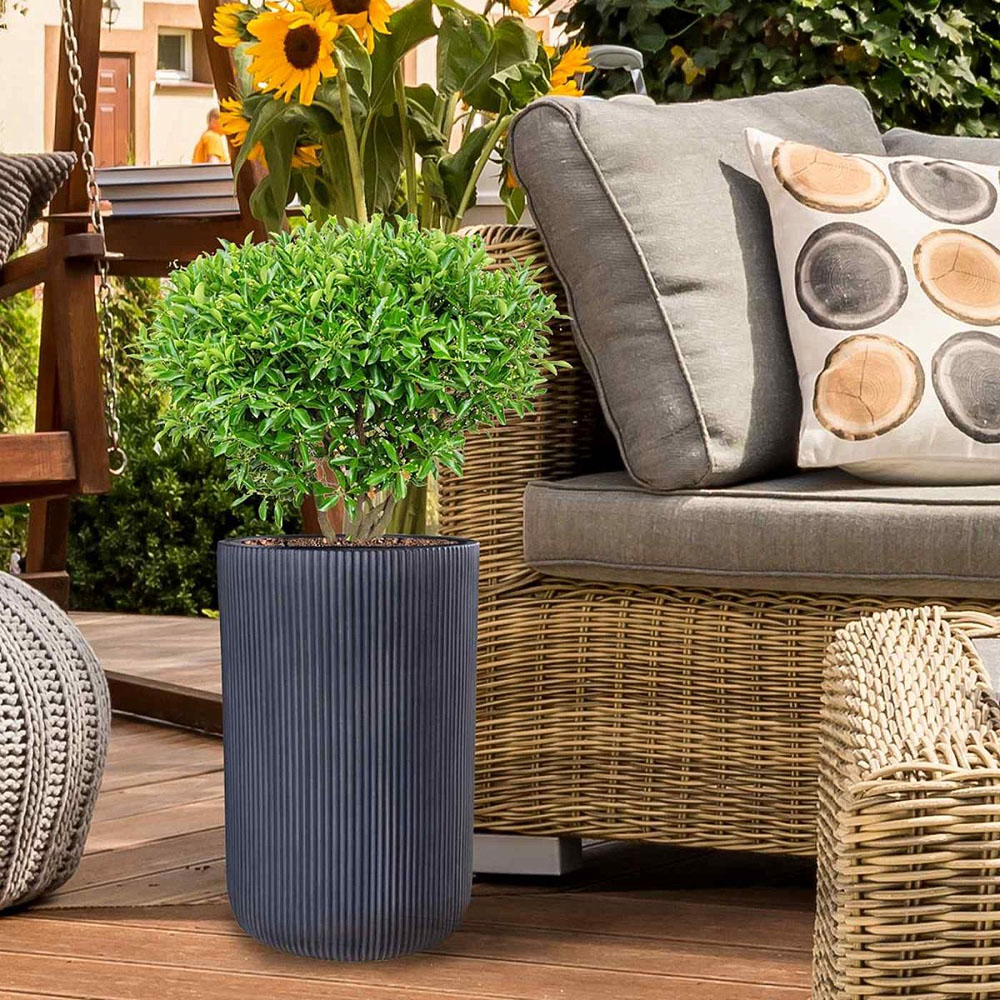 wilko Ribbed Black Fibrestone Outdoor Cylinder Plant Pot with Legs 36.5cm Image 2