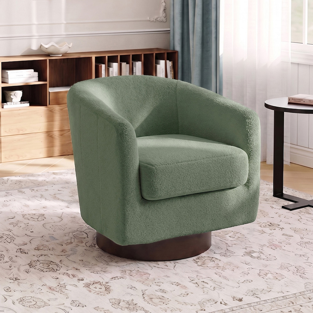 Living and Home Green Sherpa Fleece Ribbed Curved Barrel Swivel Armchair Image 8