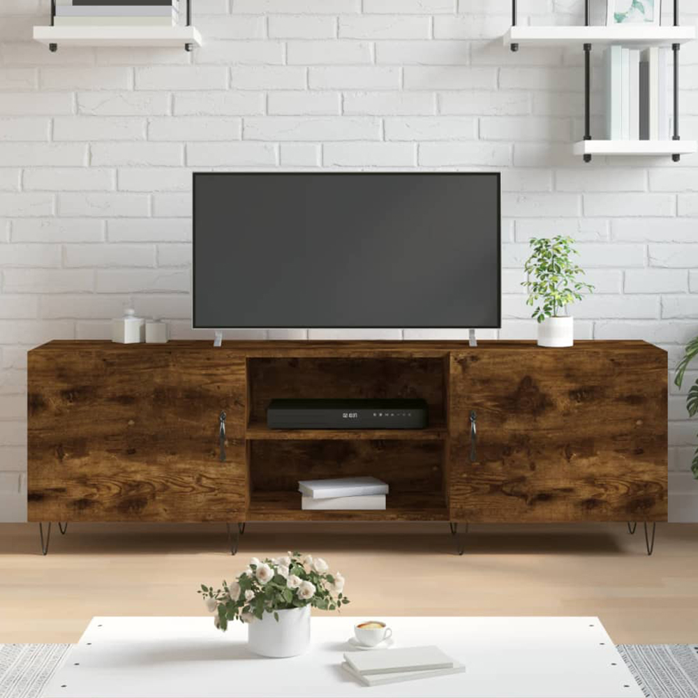 vidaXL 2 Door 2 Open Shelf Smoked Oak TV Cabinet with Black Metal Legs Image 1