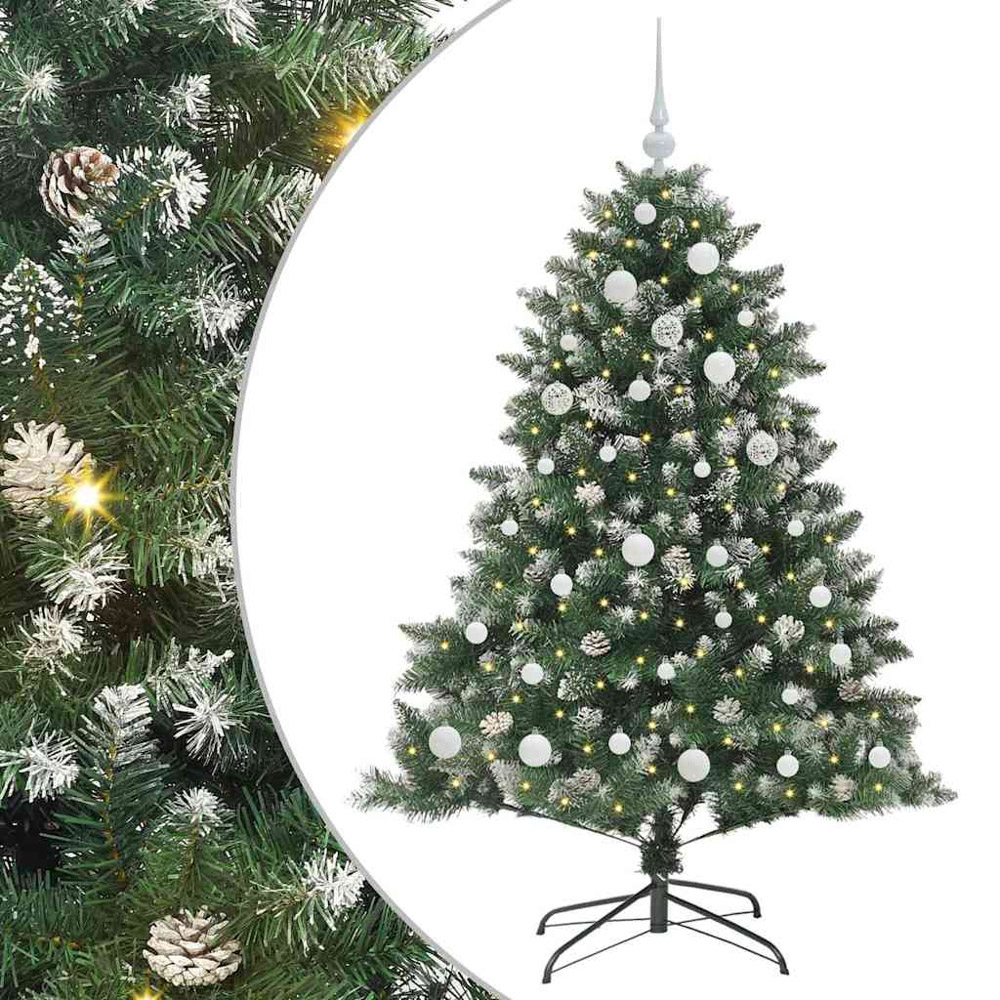 vidaXL Pre-Lit White Baubles Green Artificial Snow Tipped Christmas Tree 5ft Image 2