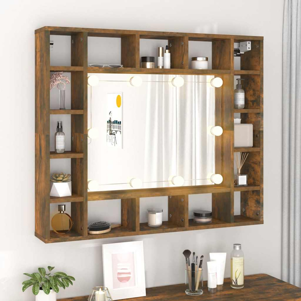 vidaXL 16 Shelf LED Smoked Oak Mirror Cabinet Image 8